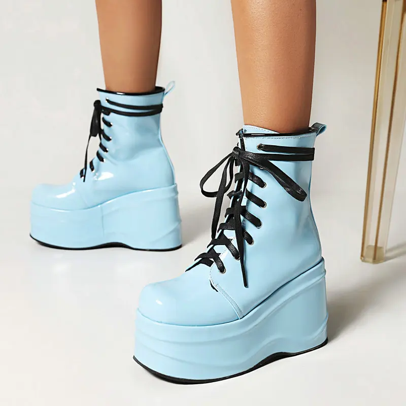 

INS лакированная искусственная кожа синяя зеленая черная шнуровка панк Готическая подиумная женская зимняя обувь женские зимние ботинки