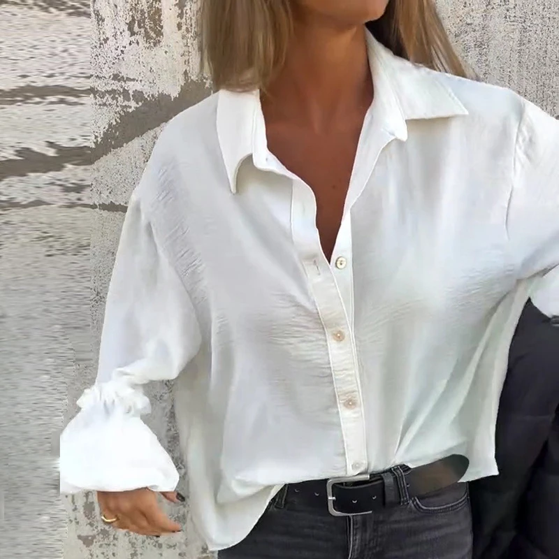 

2025 Women Solid Color Temperament Shirt Elegant Turn Down Collar Long Sleeve Tops Casual Simple Single Breasted Blouse Vestido