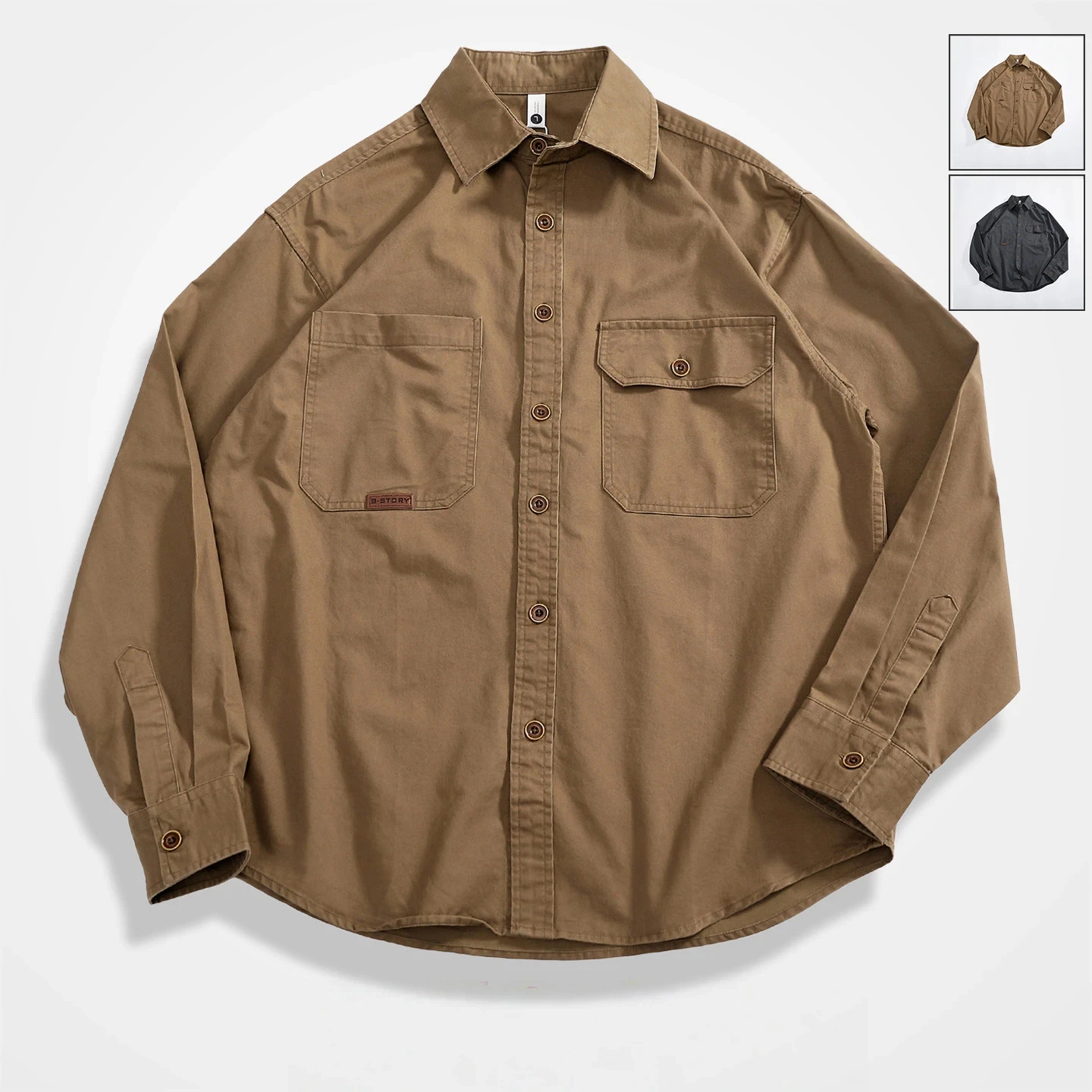 Heavy cotton men's work shirt long-sleeved lapel pocket retro textured top commuting durable versatile jacket