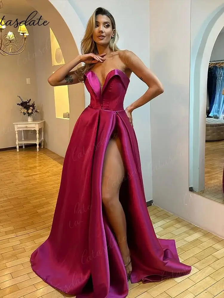 Catasdate linia suknia wieczorowa plisy sukienki na formalne okazje dla kobiet wysokie rozcięcie ślubne Vestidos de fiesta dostosowane