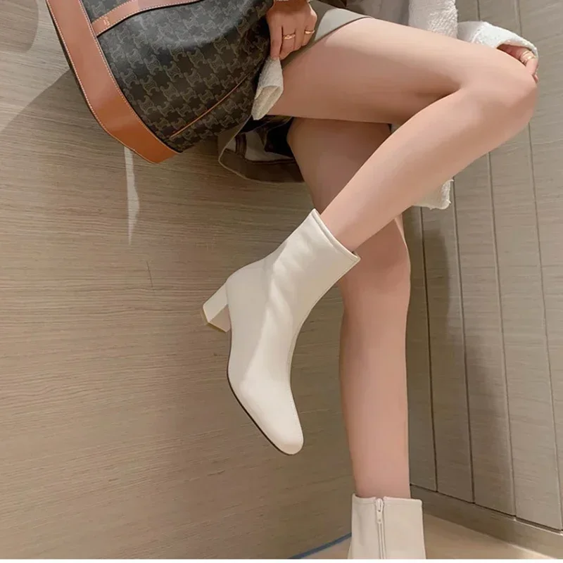 2023 Winter Warm Plush Women Ankle Boots Fashion Zippers Thick High Heel Shoes Street Style Warm Ladies Short Boot Women Shoes