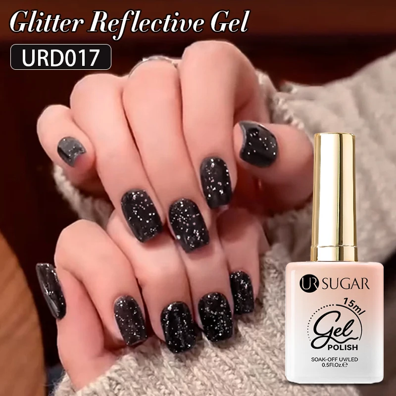 UR SUGAR 15 ml reflektierender schwarzer Glitzer-Nagelgellack Flash Sparkle Effect Semi Permanent Soak Off UV Gel Nail Art Lack