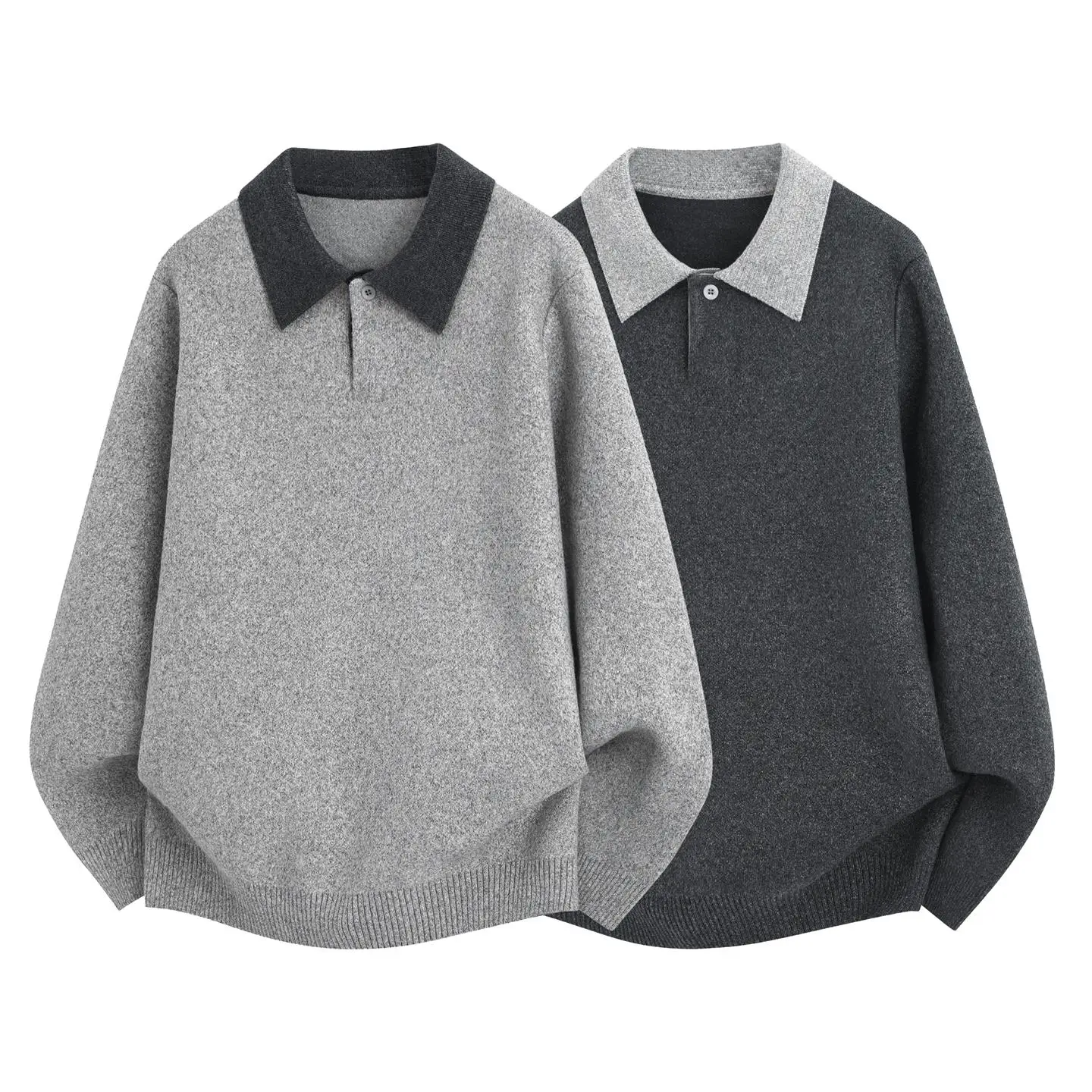 للجنسين كتلة اللون بدوره إلى أسفل طوق متماسكة سترة - رمادي فاتح (أسود-رمادي) M-2XL الخريف زوجين فضفاضة تناسب بلايز عادية #3