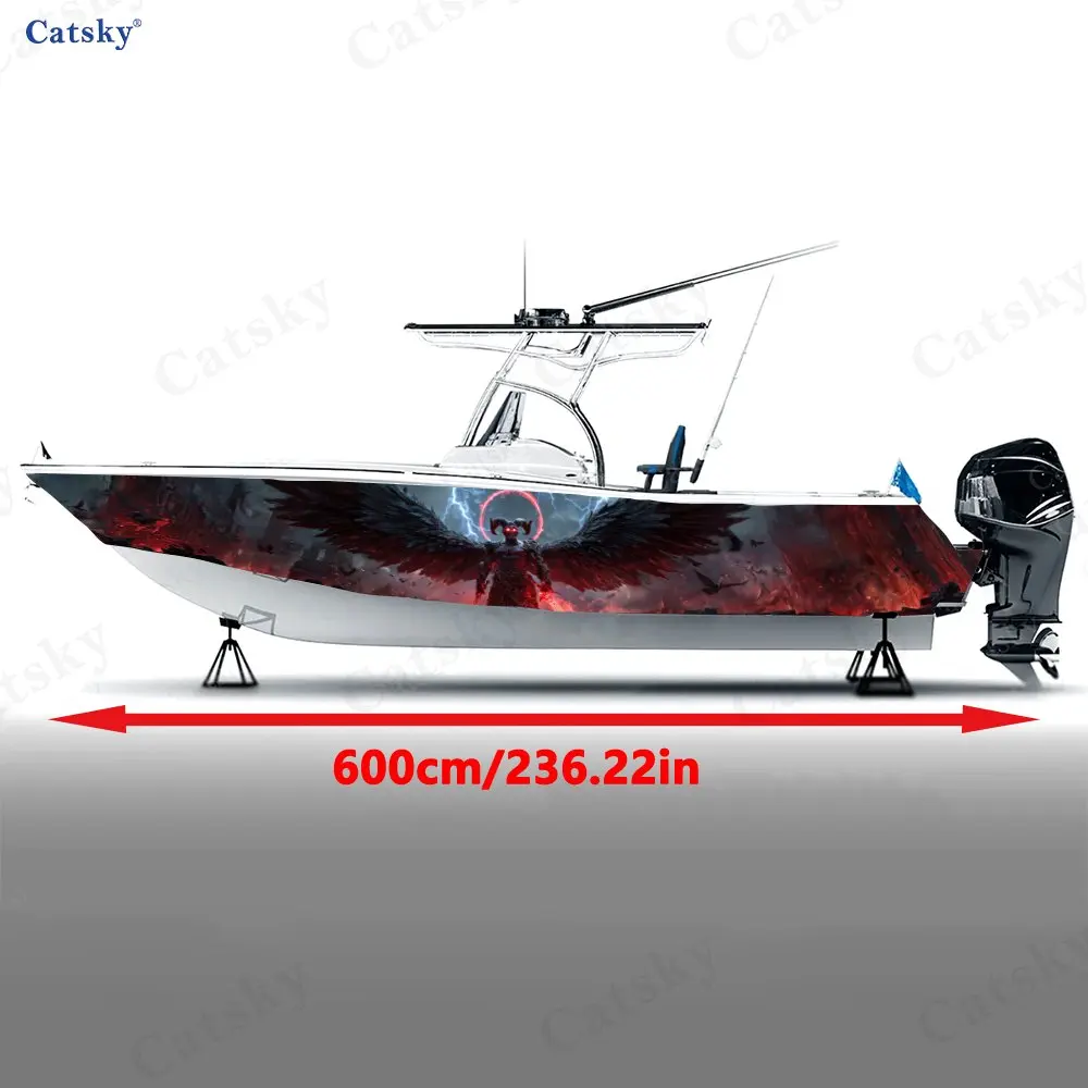 Inferno Black Winged War Demon Boat Stickers, PVC Waterproof Vinyl Wrap Decals for Fishing Boats, Durable and Stylish Design