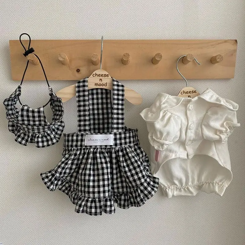 Shirt Plaid Strap Dress Little Dog Clothes Spring/Summer New Cute Clothes Big Bear Teddy Small Puppy Clothes Cute Dog Sun Hat