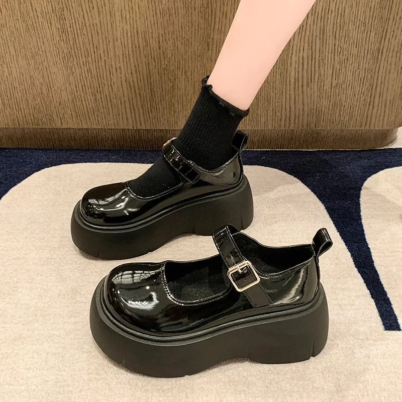 Female Shoes 2024 New Female Spring Fall High Heels Block Platform Shoes Women\'s Office Patent Leather Casual Vulcanized Sheos