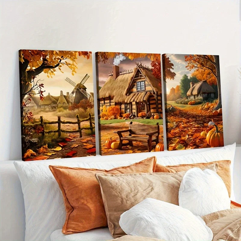 Countryside Thatched Cottage Pumpkins Poster Prints Autumn Scenery Canvas Painting Wall Art Picture for Living Room Home Decor