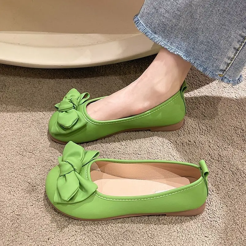 2024 Bowknot Ballet Shoes Women\'s Summer Breathable Loafers Green Flats Moccasin Woman Shallow Slip On Shoes Ladies Mocasines