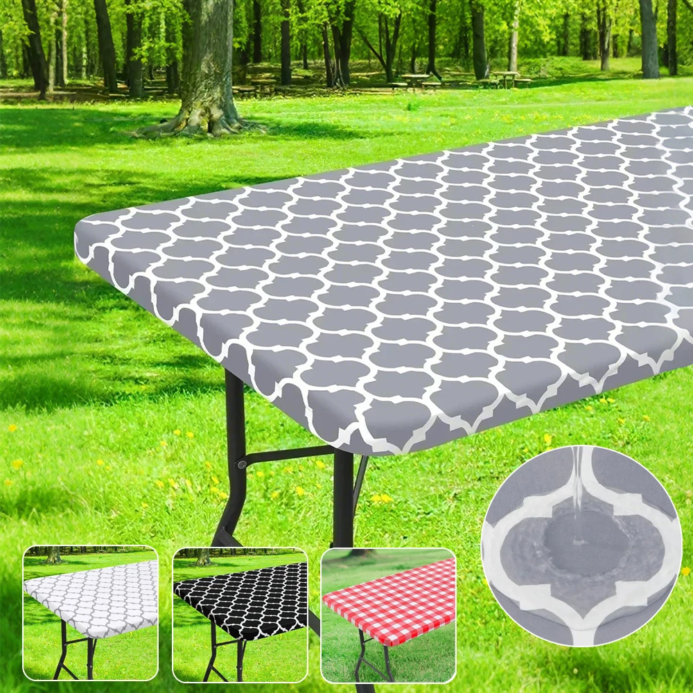 

Folding Elastic Fitted Vinyl Waterproof Tablecloth Flannel Backing Rectangle Table Cover Table Wipeable TableCloth Outdoor Party