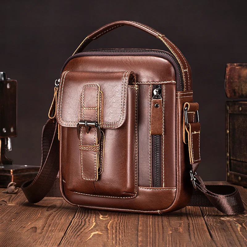 Bolsa de ombro pequena de couro para homens, couro genuíno, mini bolsa crossbody retrô, bolsa vertical casual