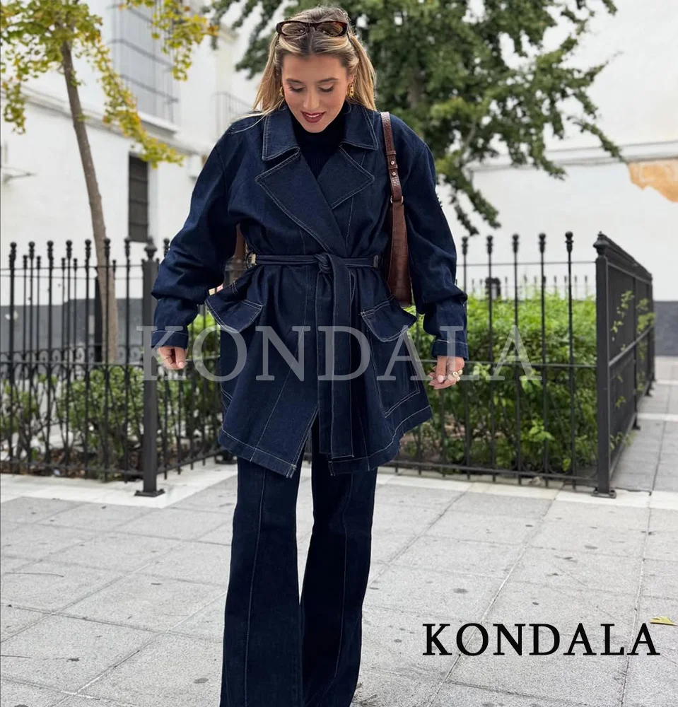 

KONDALA Fall Belt Denim Jacket Coat Women's Elegant Commute Denim Coat 2025 Autumn Winter Fashion Elegant Chic Ladies Belt Coat