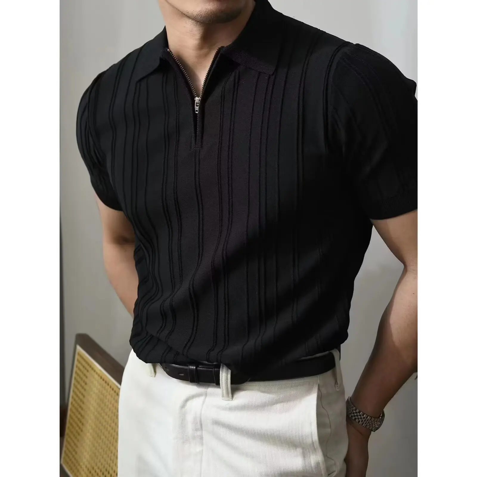 Summer Men's Zipper Knitted Short Sleeve  Shirt Loose Fit Polyester Fiber Bright Thread American Style Citywalk T-shirt
