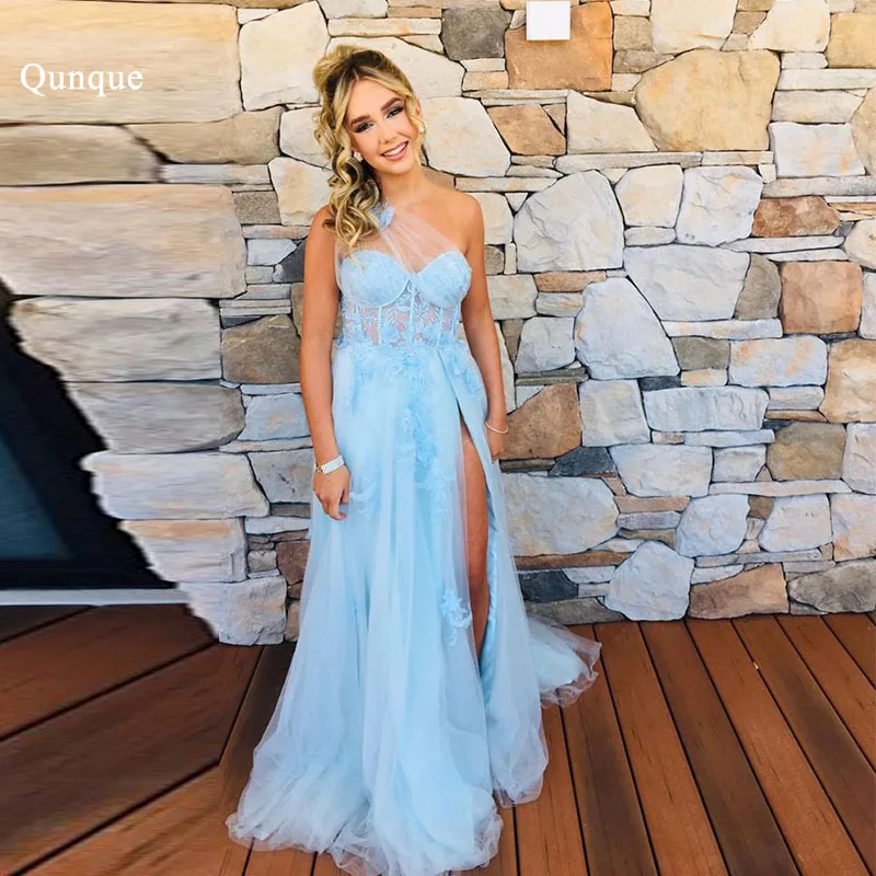 

Qunque Vintage Sky Blue Evening Dress One Shoulder Court Train Appliques Prom Gowns Formal Party Dress Split Vestidos De Fiesta