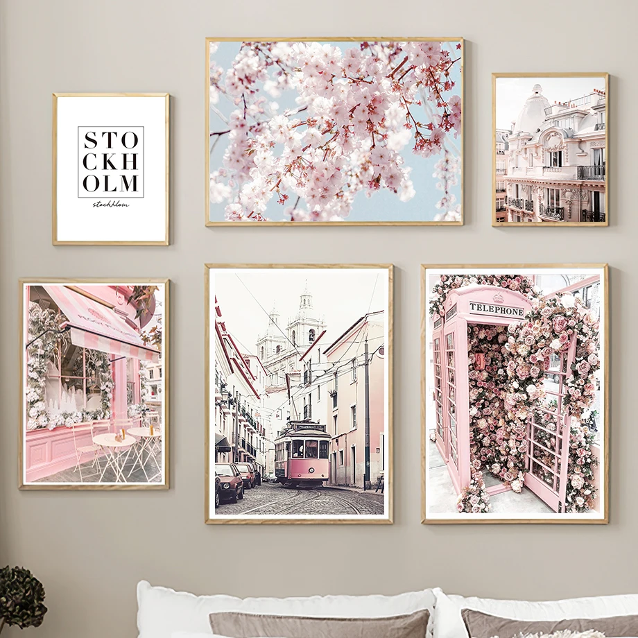 1pc Canvas painting  London Building Telephone Booth Rose Sakura Wall Art Canvas Painting Nordic Posters and Prints art Picture