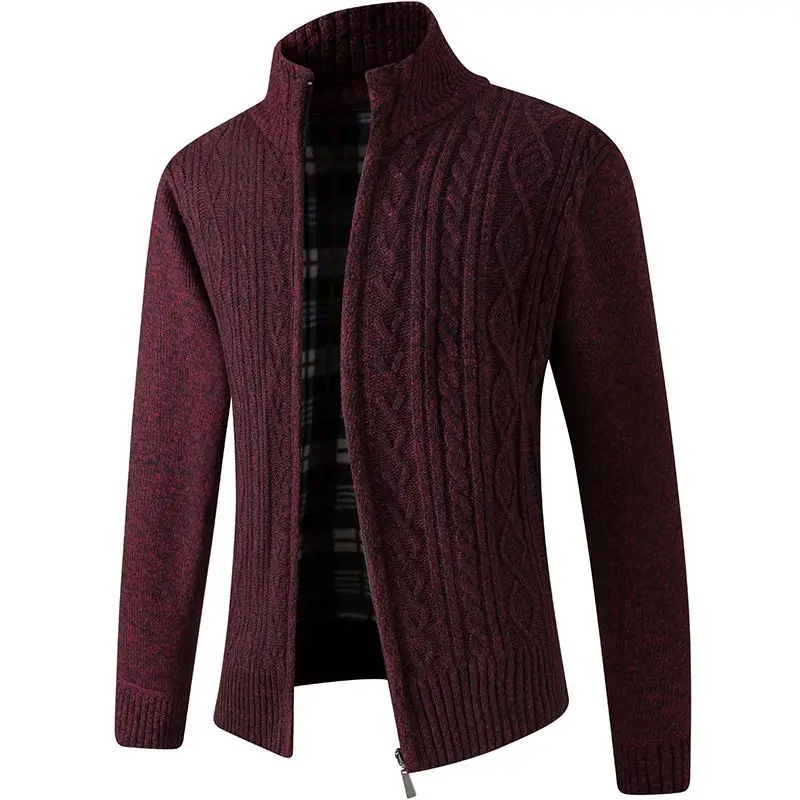 Men's Fleece Lined Stand Collar Knitted Sweater Autumn Winter Warm Casual Loose Solid Color Thickened Trendy Jacket
