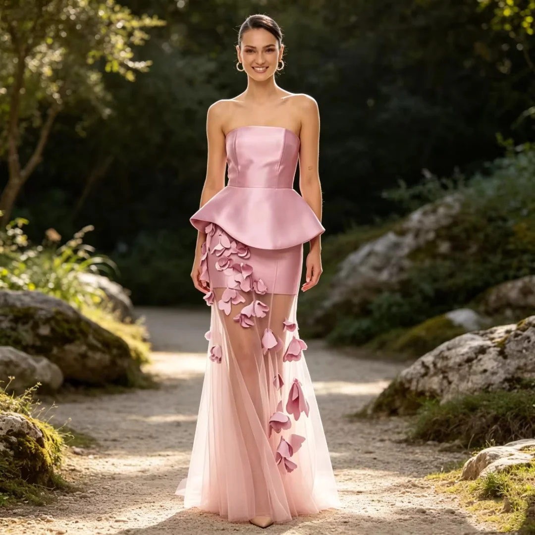 

Pink Strapless Floral Long Bespoke Occasion Gown Evening Dresses Pastrol Unisex Jersey Retro Dubai Saudi Arabic Prom Customized