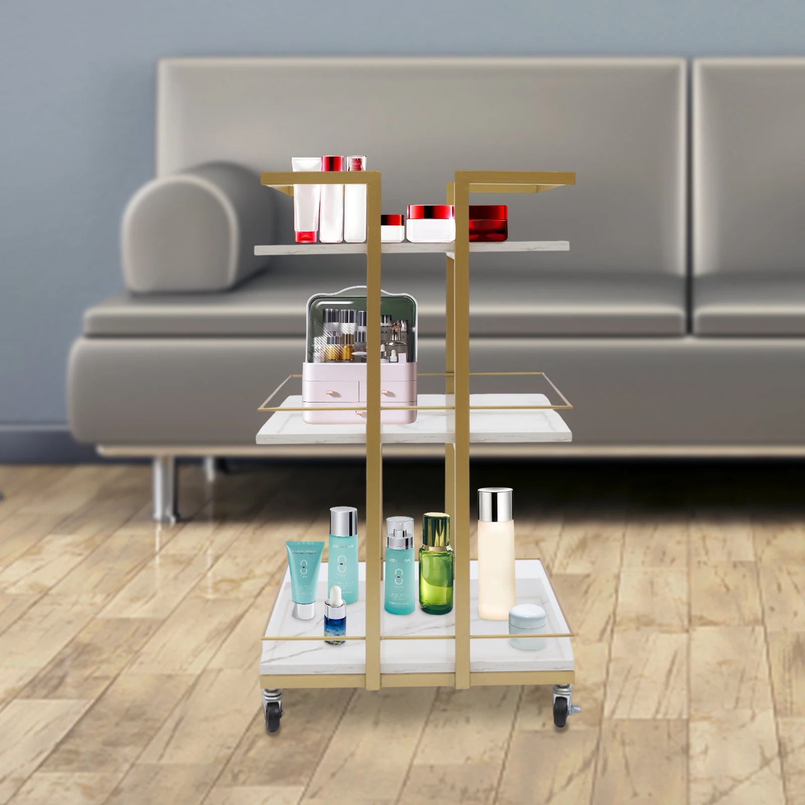 Utility Trolley 3-Tier Storage Rolling Cart Iron Wood White Gold Baking Paint with Wheels Multi-purpose for Cosmetics Snacks