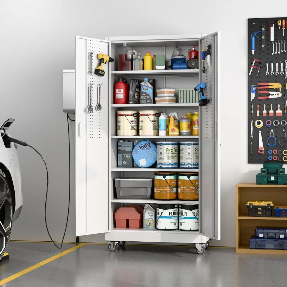 Metall-Aufbewahrungsschrank 32 x 16 mit 5 verstellbaren Regalen und Stecktafeln, Garagen-Aufbewahrungsschrank auf Rädern zur Organisation