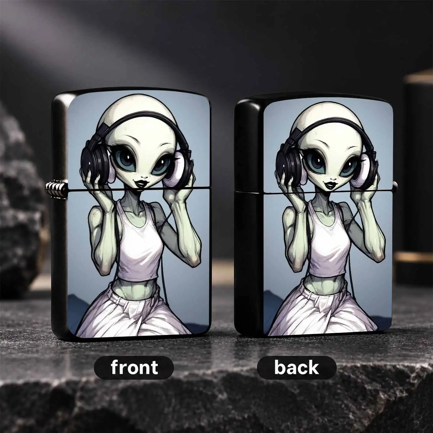 Trendy Lighter Printed with Cool Music-listening Alien Girl Pattern, Suitable for Daily Trips, Gatherings and Various Scenarios, Exquisite Stylish Portable Creative Nice Gift for Friends and Hobb A Humorous And Interesting Lighter