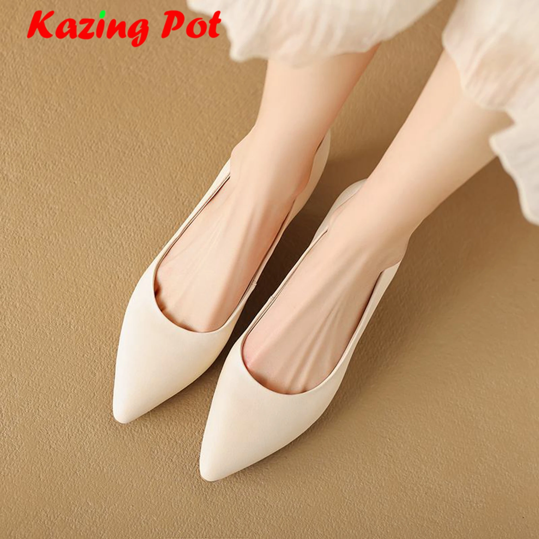 Krazing Pot Sheep Leather Med Heels Pointed Toe Basic Clothing Fashion Women British School Office Lady Shallow Concise Pumps