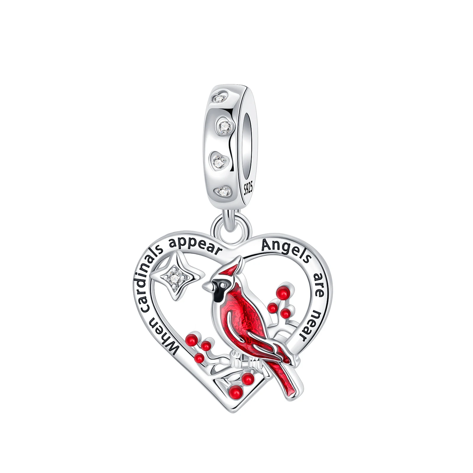 925 Sterling Silver Cardinal Bird Heart Dangle Charm Cardinals Angels Are Near Memorial Quote Pendant Fit Bracelets Jewelry Gift