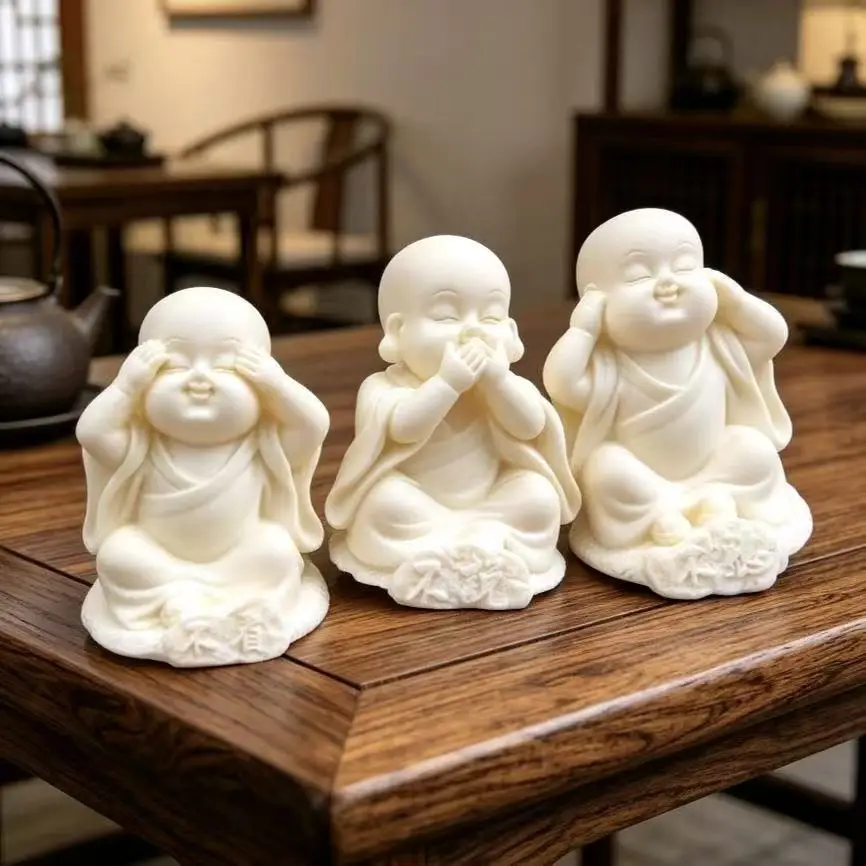 3pcs Faux Ivory Resin Little Monk Statues, See No Evil Hear No Evil Speak No Evil, Mini Buddha Car Dashboard Decor Zen Gift