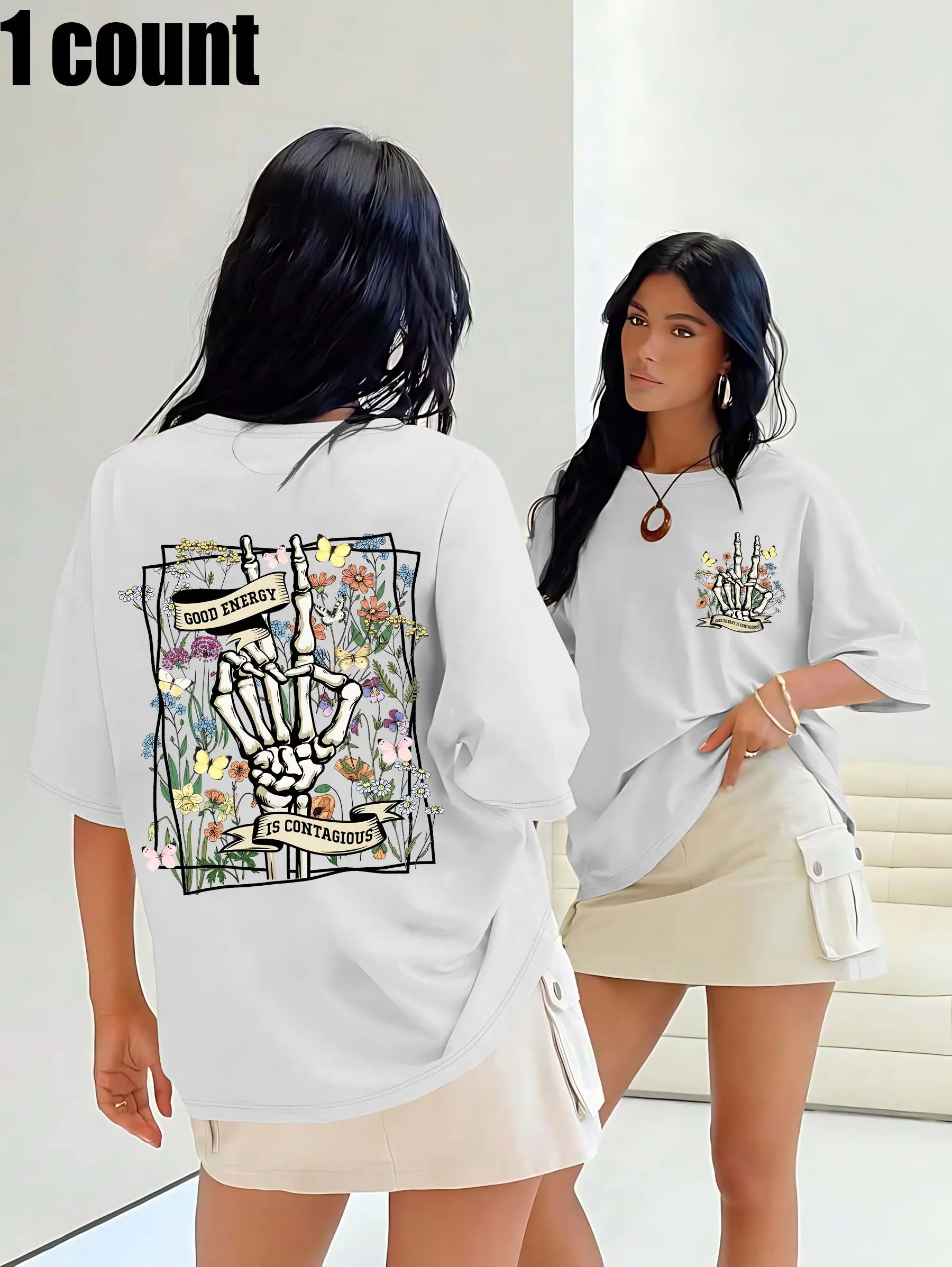 Plus - Size เสื้อยืดคอกลมสีขาว Good Energy - Contagious - พิมพ์ธีม: Boho - มีรสชาติและบวก - มีกลิ่น