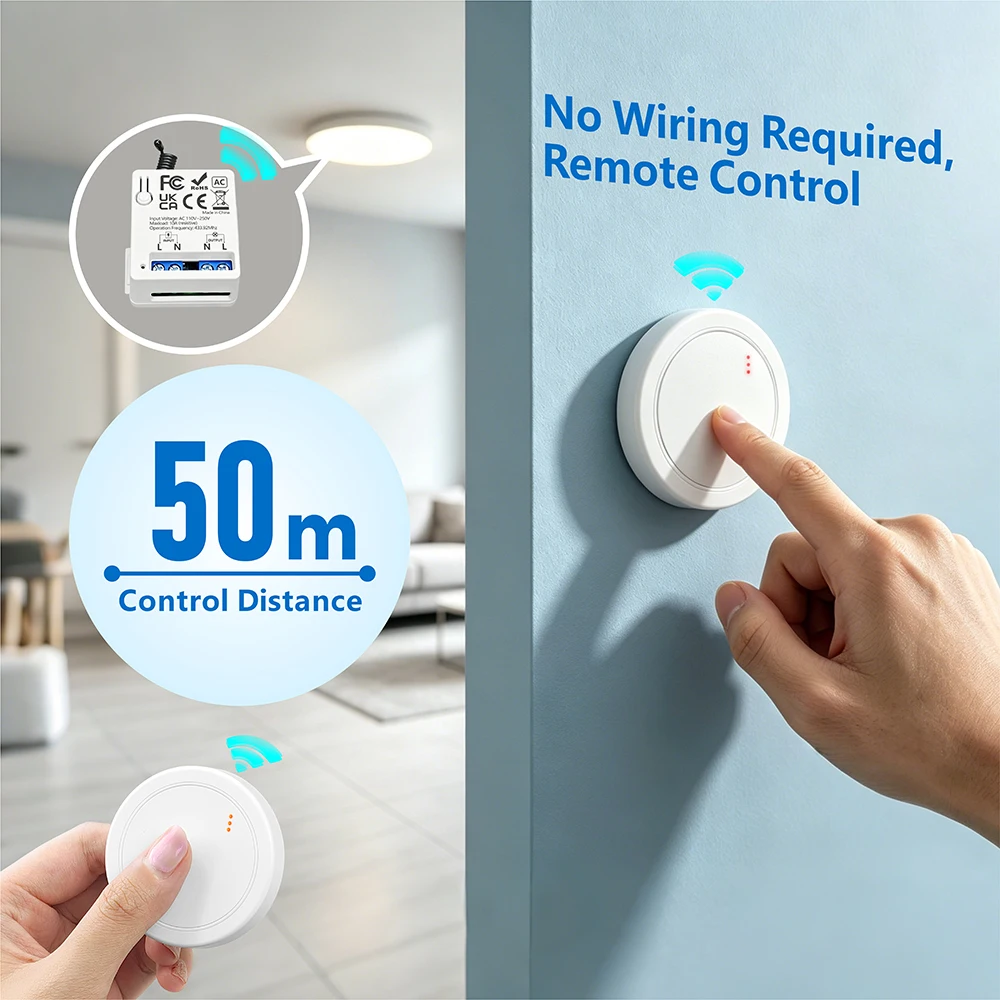 433MHz Wireless 10A Relay Receiver Remote Control Light Switch 220V 110V NEW Round Button Wall Panel Switch For LED Lamp Fan