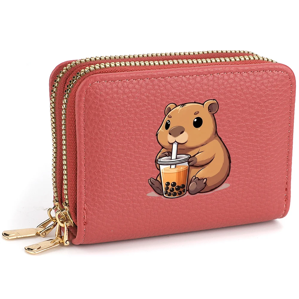 Women's Double-Zip PU Leather Short Purse Cute Hamster Pattern Milk Tea Print Multi-Card Compartments Coin Holder Short wallets