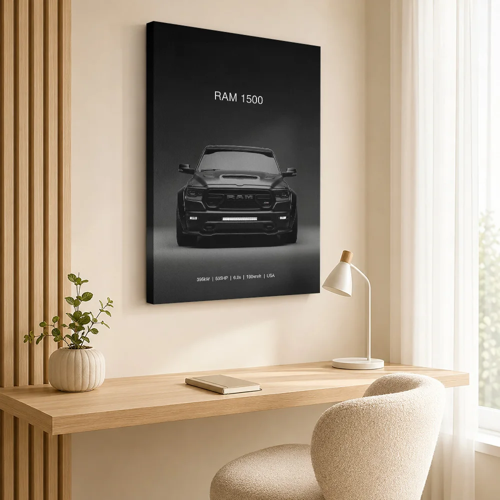 Sports Ram 1500 Black Truck Framed Canvas Poster Customized Retro Automotive Canvas Wall Art for Game Room Decor Ready to Hang