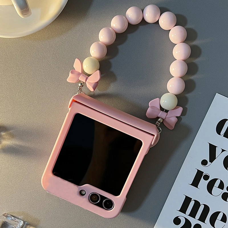 For Motorola Moto Razr 50 60 40 Ultra 60Pro Razr Plus 2023 2024 2025 Luxury Pink Bow Beads Bracelet Chain Portable Phone Case