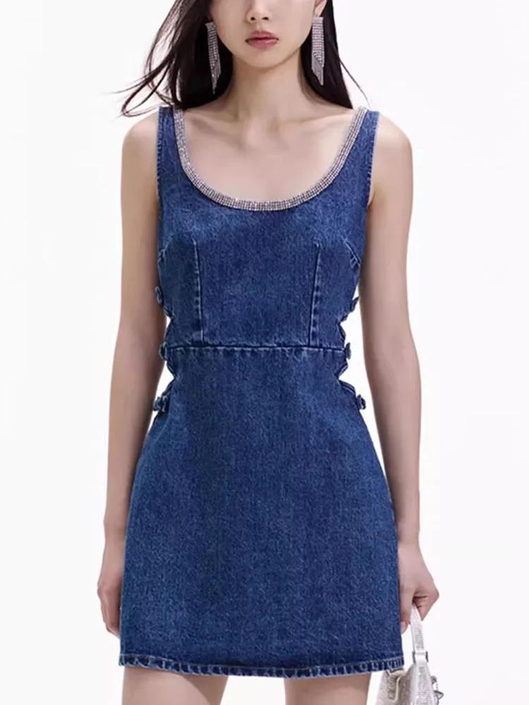 

Skirt spring and summer U-neck diamond bow sleeveless halter denim long dresses2024hollowed out to close the waist Party dresses