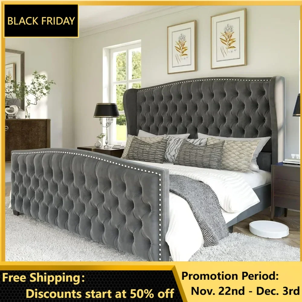 Bedroom Furniture Platform Bed Frame, Velvet Upholstered Bed with Deep Button Tufted & Nailhead Trim Wingback Headboard, Bed