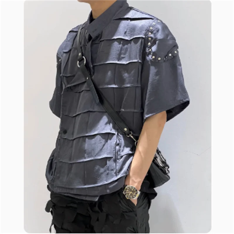 Original design dark grey short-sleeved shirt for men, summer retro loose and casual large-sized half-sleeved shirt