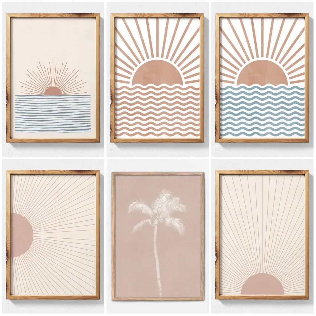 Boho Decor Sunburst Printable Wall Art Abstract Sun Mid Century Palm Tree Poster Geometric Sunrise Horizon Canvas Painting