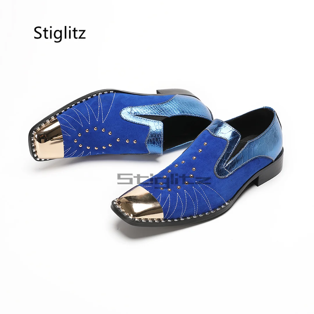 

Men's Suede Leather Shoes Metal Square Toe Slip On Dress Patchwork Rivet Shoes Autumn New Party Business Shoes Male Loafers