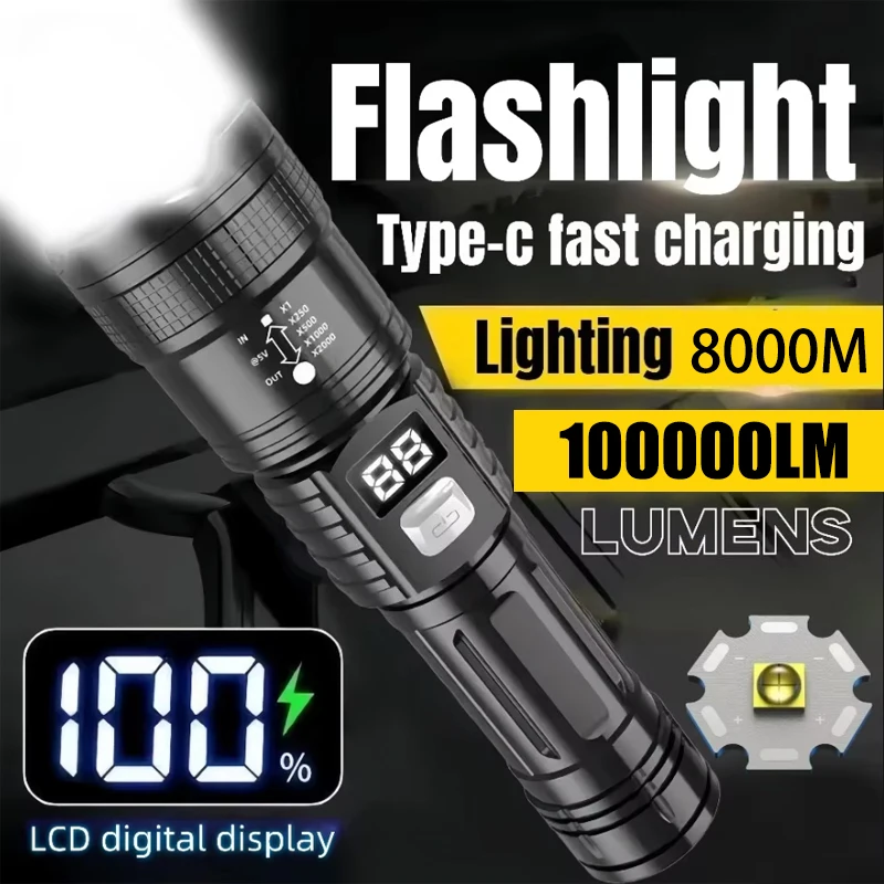 Waterproof Rechargeable LED Flashlight 100000LM Super Bright Long Range Tactical Torch for Outdoor Camping Fishing Lantern