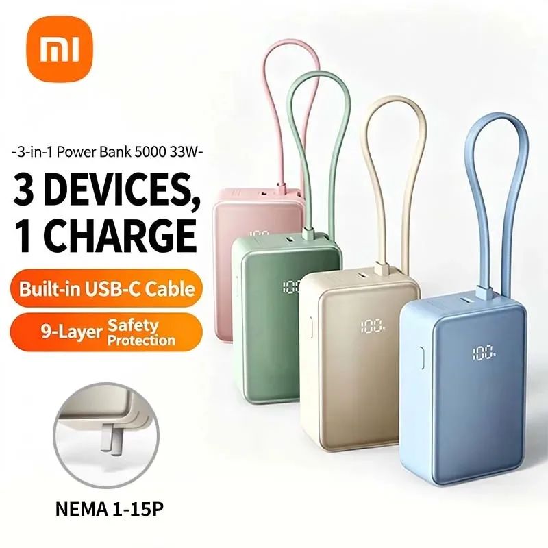 Xiaomi 5000mAh Power Bank 33W PD Fast Charging Built-in Type-C Plug Portable External Battery for iPhone Samsung Tablets