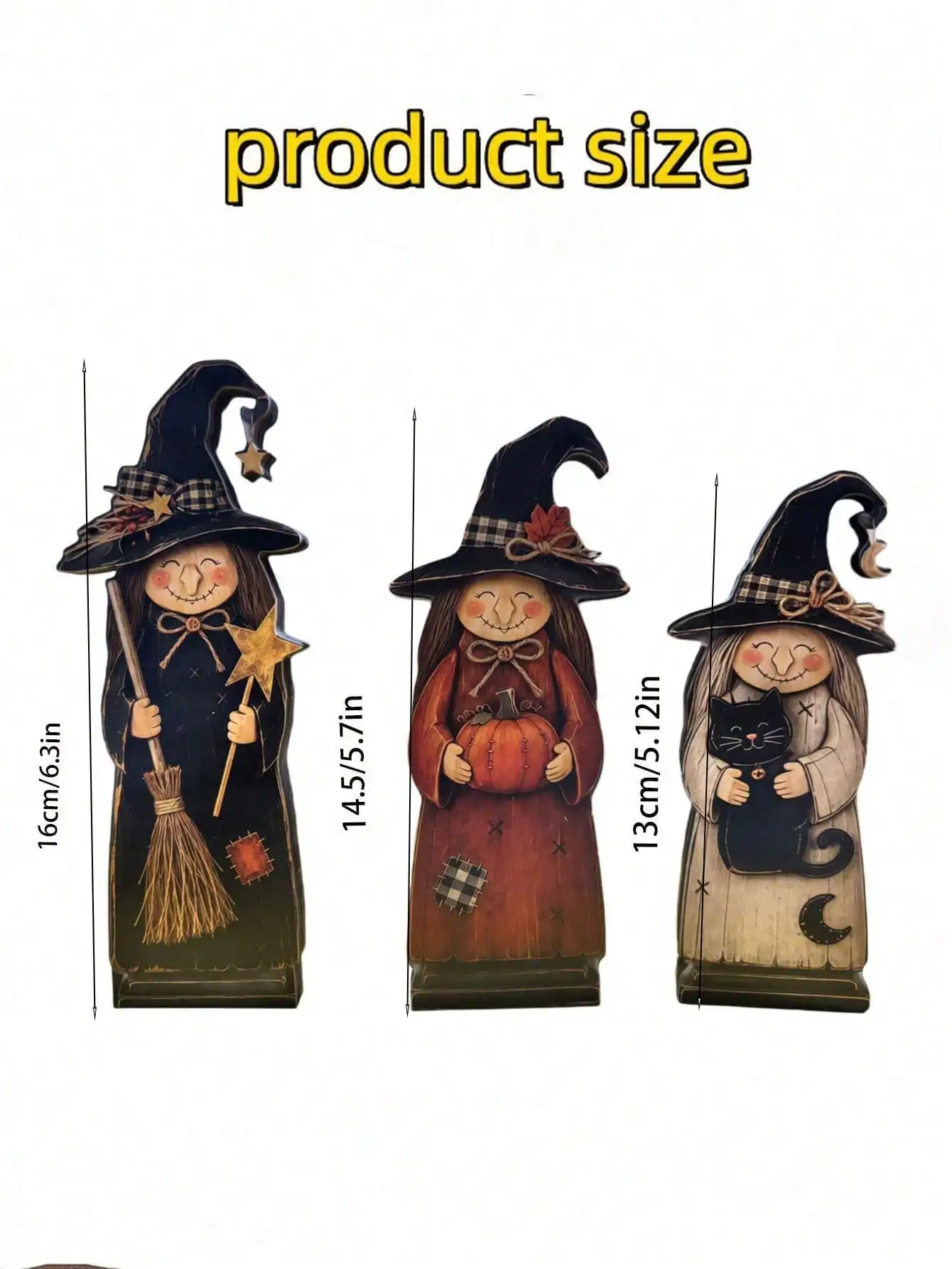 3-teiliges Halloween-Hexen-Tischdekorationsset, schwarz, lila, grün und orange, niedliche Holzdekoration, Hexenfiguren im Landhausstil mit Besen, Kürbis, schwarzer Katze und Geist, geeignet für den Innenbereich, Kamine – Detail 8