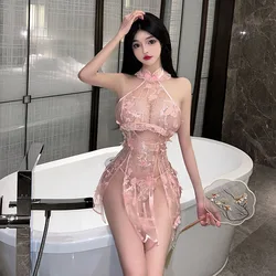 Sexy Lingerie Mesh See Through Cheongsam Lace Pink Exotic Dresses High Slit Pajamas Underwear Night Club Bed Wear Women Girls