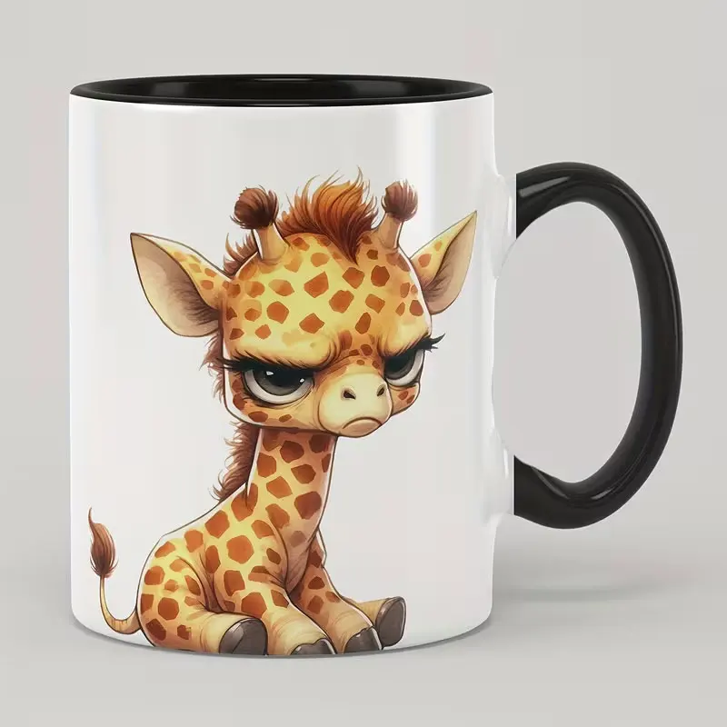 1 11-Ounce Ceramic Coffee Mug with Handle, Featuring an Angry Giraffe Animal Print on One Side A Novel Gift Suitable for Both Hot and Cold Beverages, Perfect for Summer and Winter Drinks, Ideal for Halloween, Christmas, Weddings, and Birthdays.