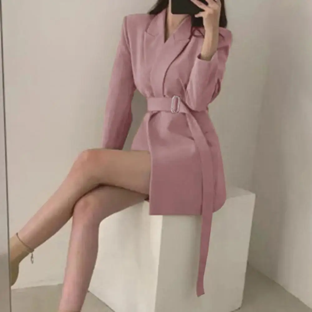 Belt Suit Jacket Elegant Lapel Suit Coat for Women with Belt Long Sleeve Office Lady Outwear Solid Color Loose Fit Jacket