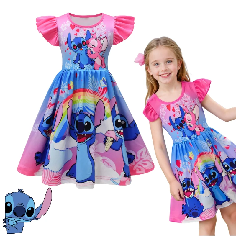 

2025 Summer Hot Lilo and Stitch Girls Flying Sleeve Colour Tutu Dress Cute Cartoon Stitch & Angel Character Print Party Outfit
