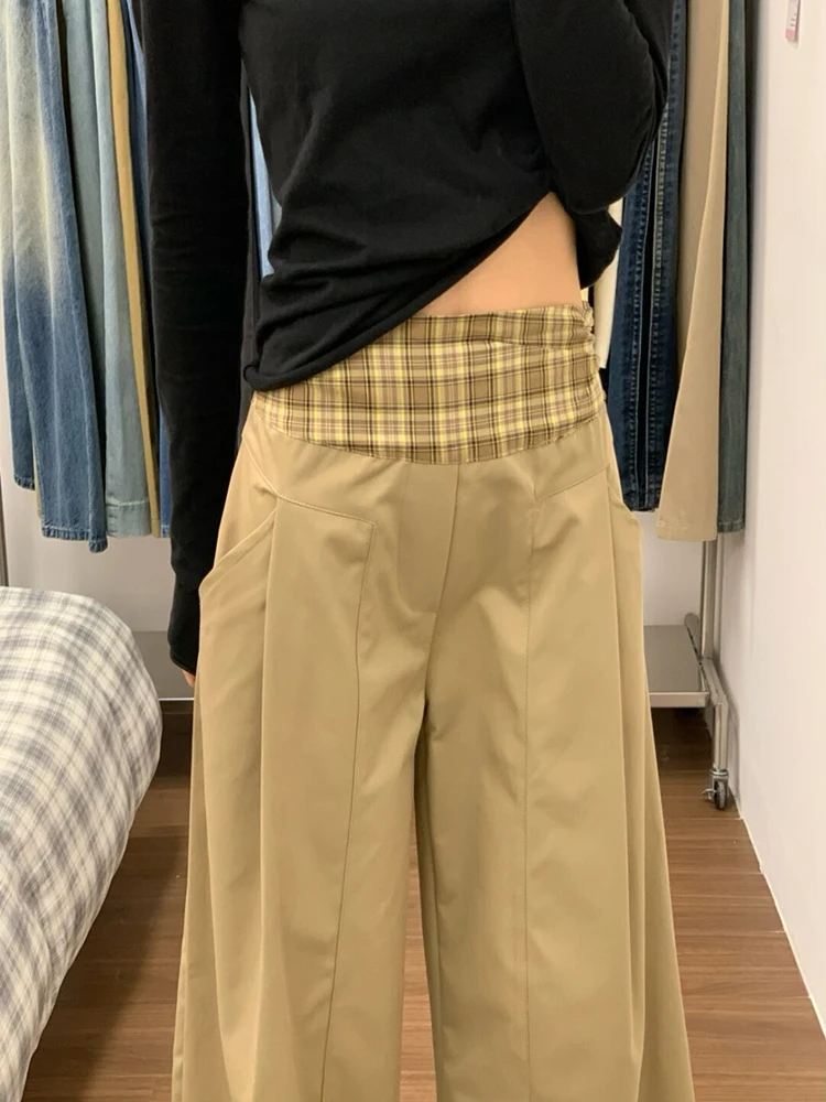 

Ретро-брюки цвета хаки с эффектом двухслойности, повседневные, женские, с высокой талией, струящиеся, в пол, свободные, широкие, с драпировкой