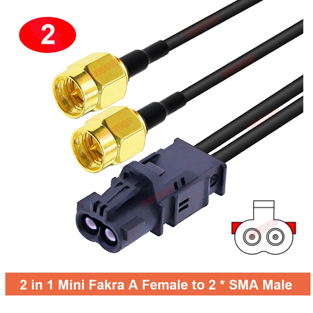 1PCS RSBG Version 2-in-1 Dual Core Mini Fakra Code A to 2 x SMA Male/Female Jack Plug RG174 Cable 50 Ohm Wire Auto Harness