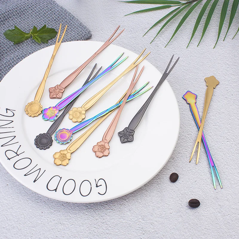 Stainless Steel Flower Handle Dessert Fork Two-tooth Fruit Fork Household Cake Dessert Moon Cake Fork Rainbow Fork