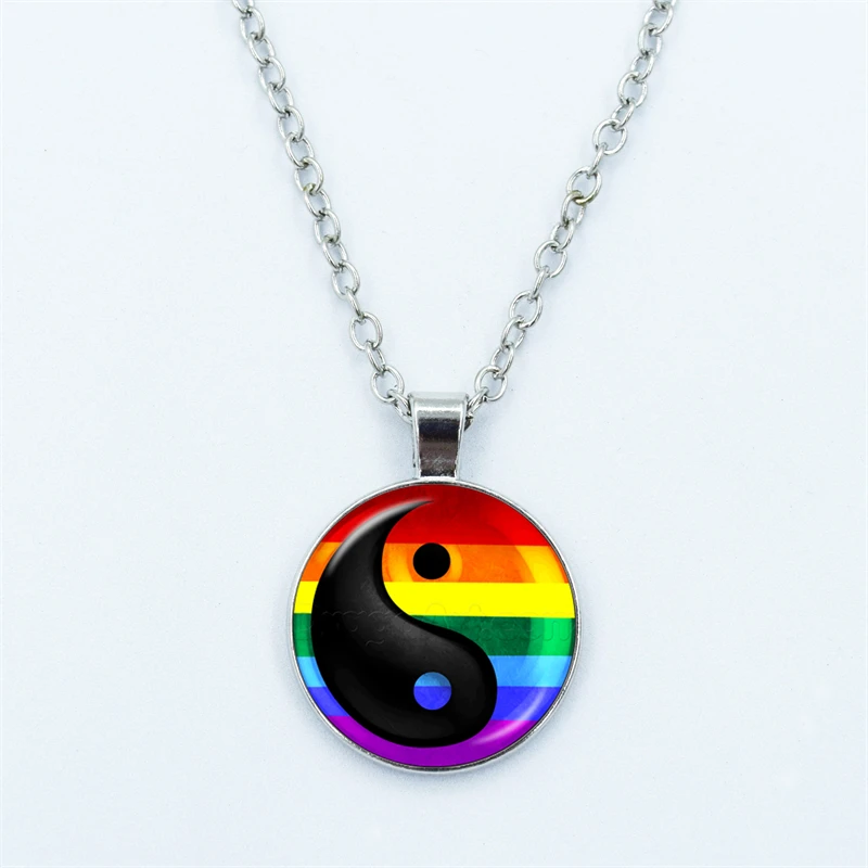 Rainbow Necklace LGBT Lesbian Gay Pride Rainbow Friendly Print Art Pattern Glass Cabochon Pendant Couple Chain Necklace Gift