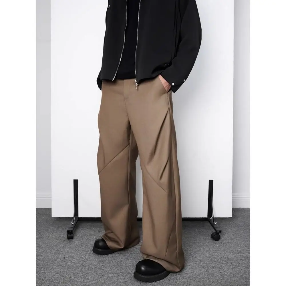 Korean style pleated split rhombus three-dimensional cut drapey straight wide-leg trousers men spring loose fashionable trousers