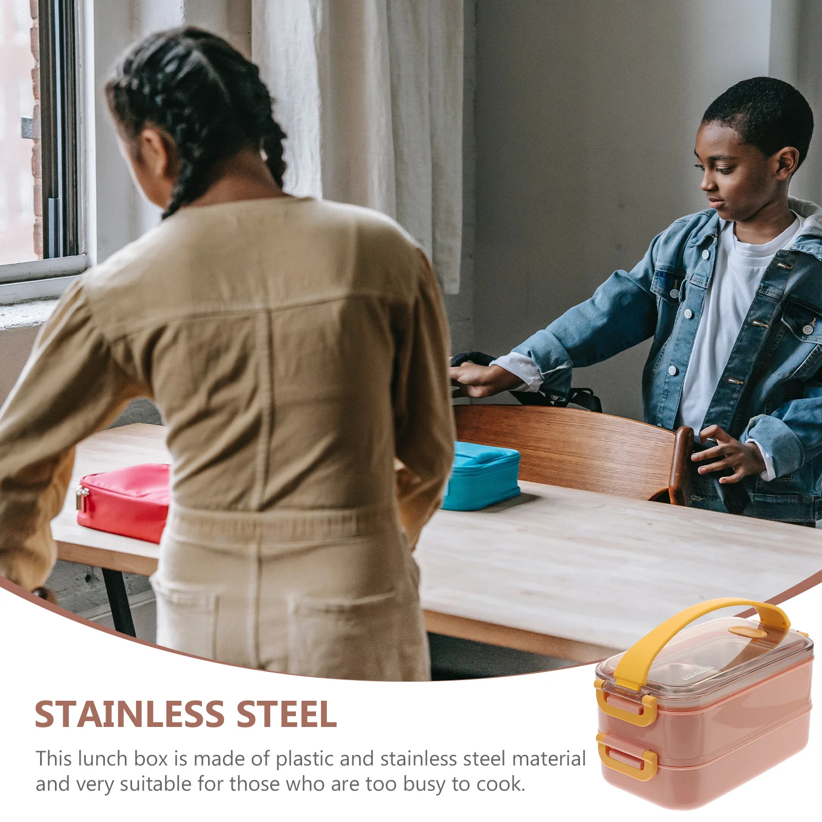 

1Pcs 1600Ml Bento Lunch Box Double Layer Plastic Stainless Steel Compartment Food Container Portable Handle Home