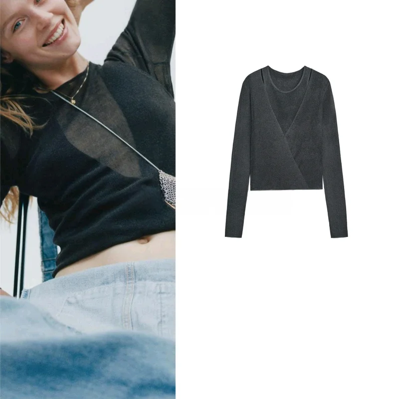

Новый осенний женский вязаный длинный све, круглый многослойный топ Slim Fit, темно-синий топ из полиэфирного волокна, полный спектр движения
